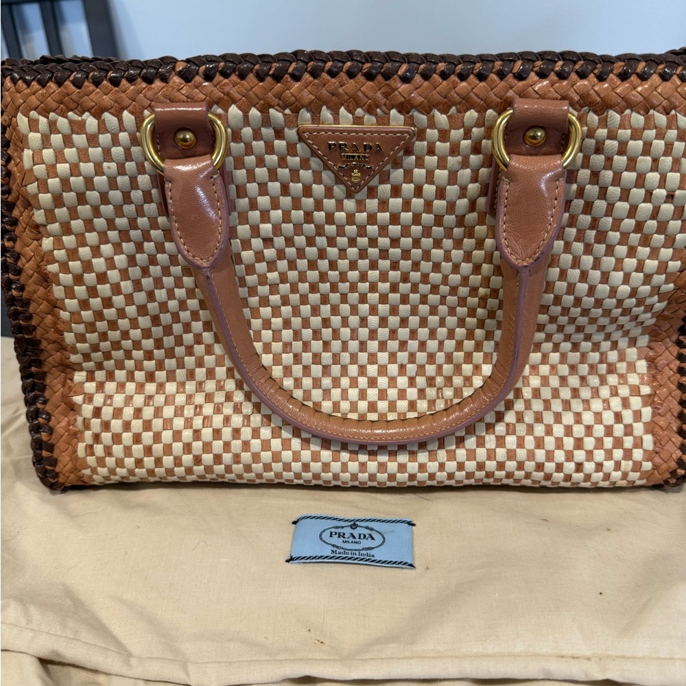 Prada Madras Braided Leather Handbag Sughero
